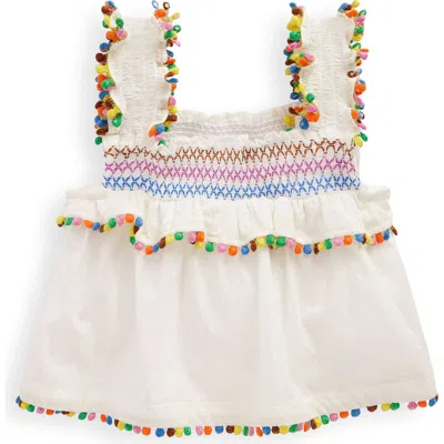 Mini Boden Kids' Pompom Accent Smocked Cotton Tank In White