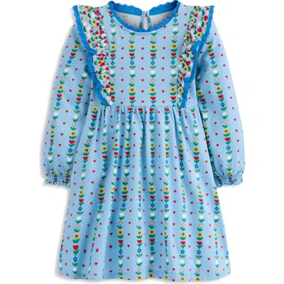 Mini Boden Kids' Print Long Sleeve Cotton Knit Ruffle Dress In Blue