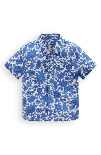 Mini Boden Kids' Print Short Sleeve Linen & Cotton Button-down Shirt In Blue
