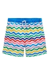 Mini Boden Kids' Print Swim Trunks In Blue Multi Wave