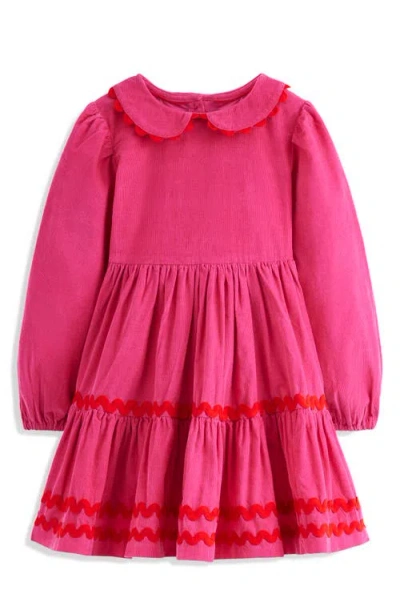 Mini Boden Kids' Rickrack Trim Long Sleeve Tiered Corduroy Dress In Pink