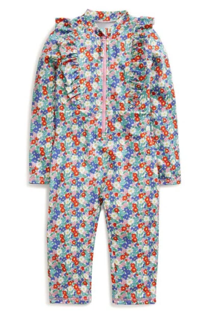Mini Boden Kids Ruffle Long Sleeve One-piece Rashguard Swimsuit In Multi Nautical Floral