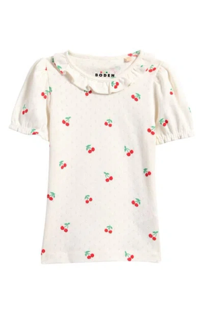 Mini Boden Kids' Ruffle Pointelle Top In Ivory Cherries