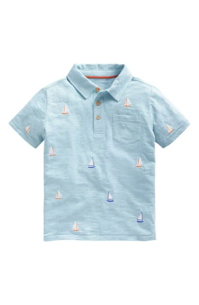 Mini Boden Kids' Embroidered Slubbed Polo Shirt Vintage Blue Boat Embroidery Boys Boden
