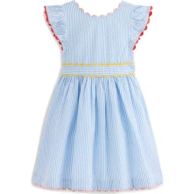 Mini Boden Kids' Scalloped Trim Stripe Seersucker Dress In Blue
