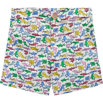 Mini Boden Kids' Shark Print Flat Front Linen & Cotton Chino Shorts In Multi Micro Sharks