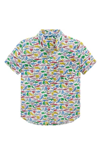 Mini Boden Kids' Shark Print Short Sleeve Linen & Cotton Button-down Shirt In Multi Sharks