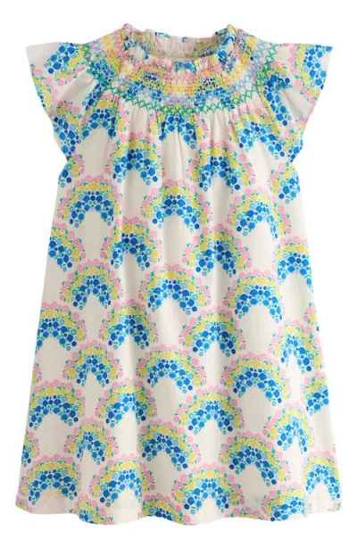 Mini Boden Kids' Shell Print Smocked Yoke Cotton Dress In Soft Ivory Rainbow Shells