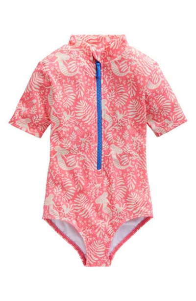 Mini Boden Kids' Short Sleeve One-piece Swimsuit In Strawberry Pink Mermaids