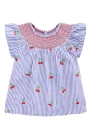 Mini Boden Kids' Smocked Embroidered Cotton Top In Blue Ticking Cherries