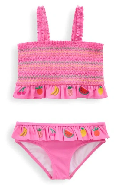 Mini Boden Kids' Smocked Embroidered Peplum Two-piece Swimsuit In Pink