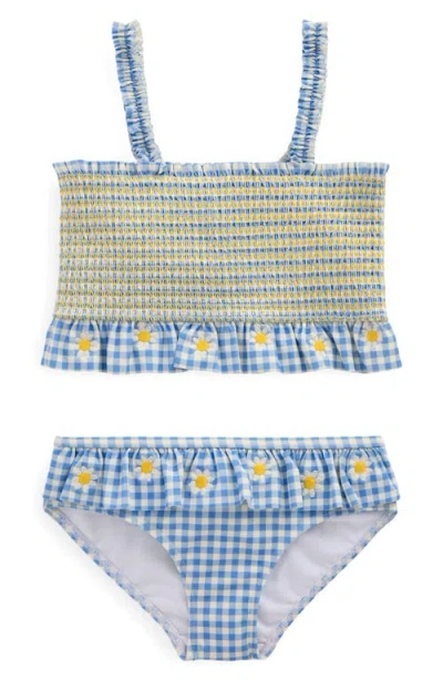 Mini Boden Kids' Smocked Embroidered Peplum Two-piece Swimsuit In Blue