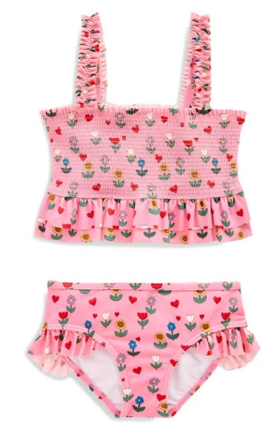Mini Boden Kids' Smocked Peplum Two-piece Swimsuit In Pink
