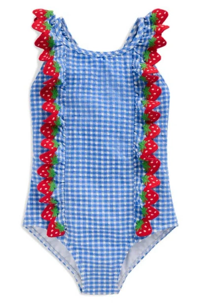 Mini Boden Kids' Strawberry Appliqué Ruffle Seersucker Upf 50+ One-piece Swimsuit In Blue