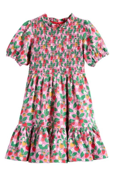 Mini Boden Kids' Strawberry Print Twirly Smocked Bodice Cotton Dress In Cosmos Pink Strawberry Patch
