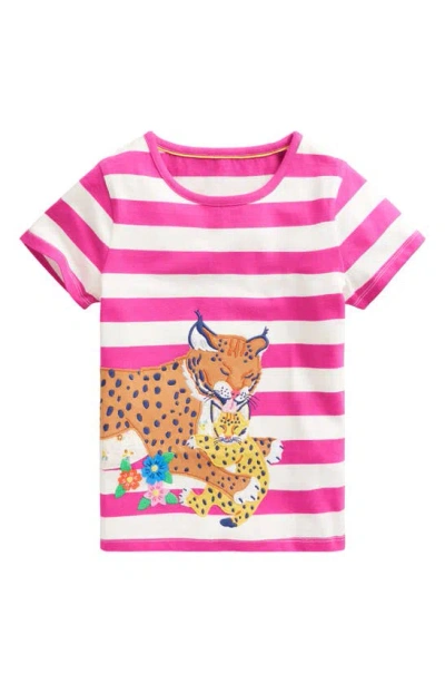 Mini Boden Kids' Stripe Appliqué Cat Cotton Graphic T-shirt In Pink/ Ivory Lynx