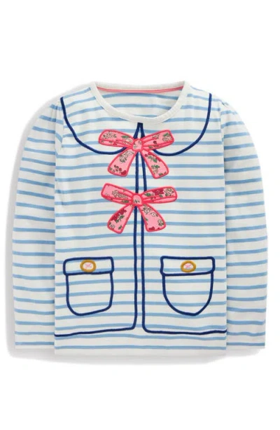 Mini Boden Kids' Stripe Bow Appliqué Long Sleeve Cotton Graphic T-shirt In Blue
