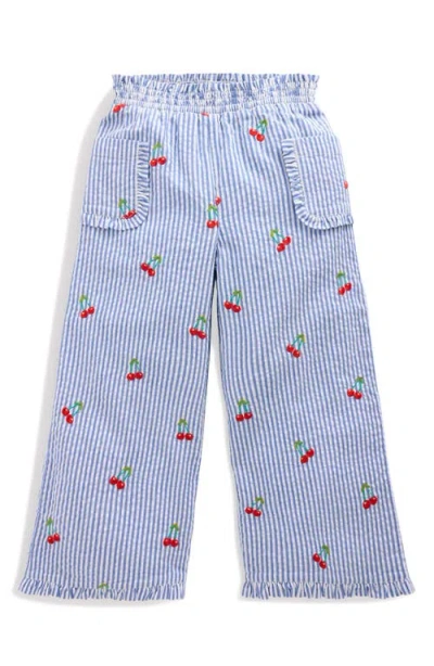 Mini Boden Kids' Stripe Cherry Embroidered Wide Leg Cotton Pants In Blue Ticking Cherries