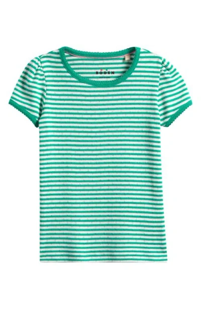 Mini Boden Kids' Stripe Cotton Pointelle T-shirt In Green