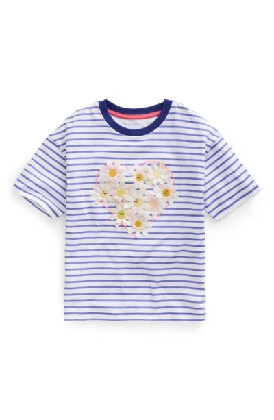 Mini Boden Kids' Stripe Floral Appliqué Cotton Graphic T-shirt In Wisteria Blue/ Ivory Heart