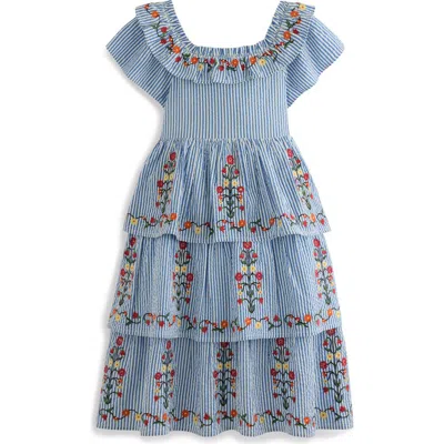 Mini Boden Kids' Stripe Floral Embroidered Tiered Dress In Blue