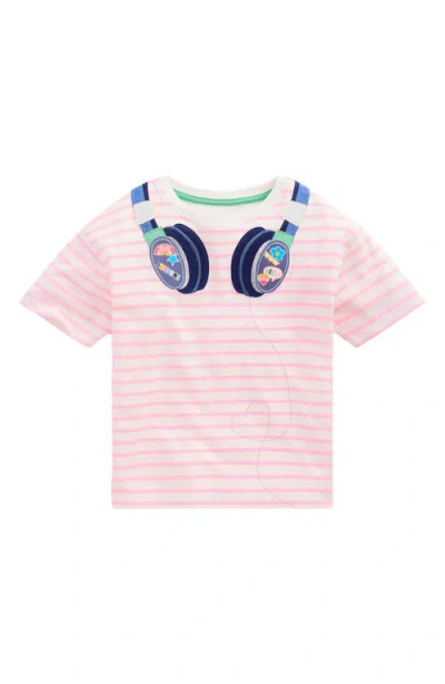 Mini Boden Kids' Stripe Headphones Appliqué Relaxed Cotton T-shirt In Pink