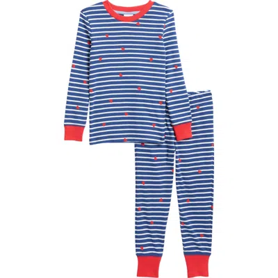 Mini Boden Kids' Stripe Heart Long Sleeve Pajamas In Navy Breton With Tiny Hearts