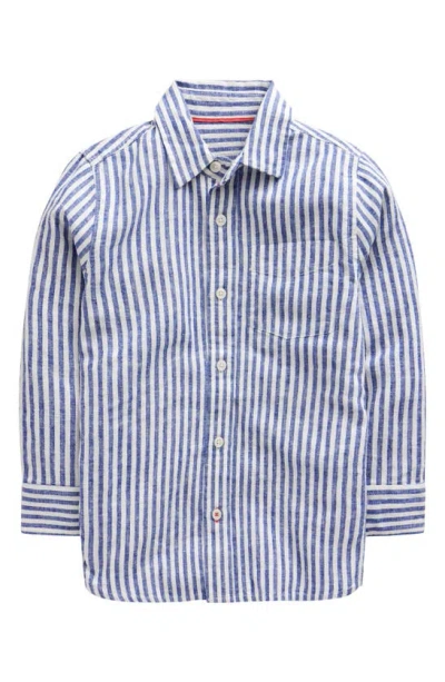 Mini Boden Kids' Stripe Linen & Cotton Button-up Shirt In College Navy / Ivory Stripe
