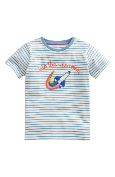 Mini Boden Kids' Stripe Rocket Embroidered Cotton Graphic T-shirt In Sapphire Blue/ Ivory Rocket