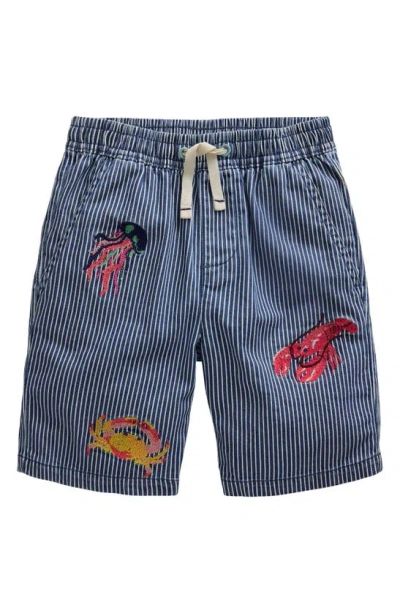 Mini Boden Kids' Stripe Sea Creature Embroidered Cotton Shorts In Blue / Ecru Ticking Stripe