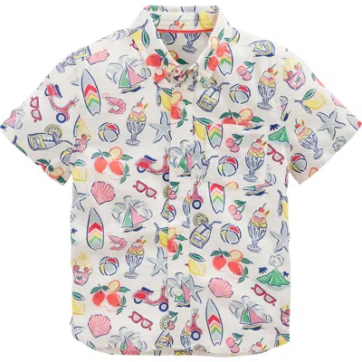 Mini Boden Kids' Summertime Print Short Sleeve Linen & Cotton Button-down Shirt In Ivory Holiday Print