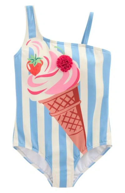 Mini Boden Kids' Sunday Appliqué One-piece Swimsuit In Vintage Blue Ice Cream Stripe
