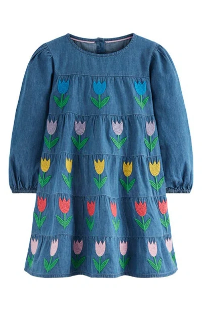 Mini Boden Kids' Tulip Embroidered Long Sleeve Denim Dress In Blue