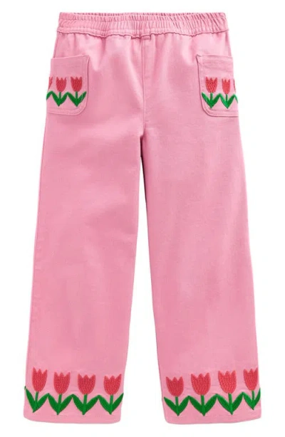Mini Boden Kids' Tulip Embroidered Wide Leg Pull-on Pants In Pink