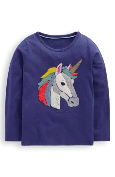 Mini Boden Kids' Unicorn Bouclé Long Sleeve Cotton T-shirt In Blue