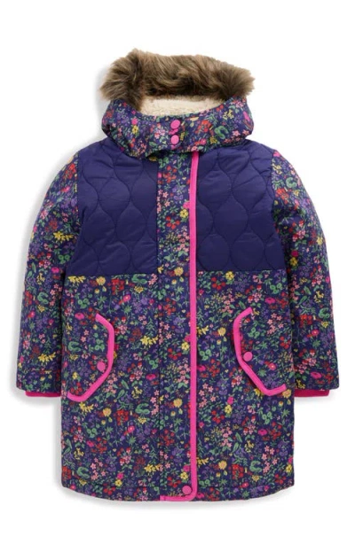 Mini Boden Kids' Water Resistant Quilted Parka With Faux Fur Trim In Blue