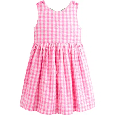 Mini Boden Kids' Zadie Back Appliqué Cotton Seersucker Sundress In Pink Gingham Strawberry