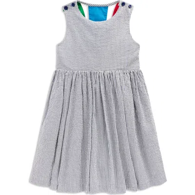 Mini Boden Kids' Zadie Back Sun Appliqué Cotton Seersucker Dress In Navy/ivory Stripe Sunray