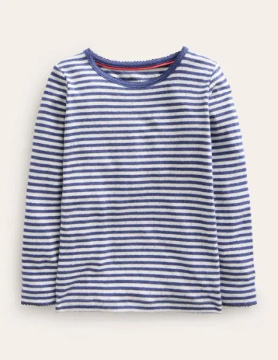 Mini Boden Kids' Long Sleeve Pointelle Top Starboard Blue/soft Ivory Girls Boden In Starboard Blue/ivory