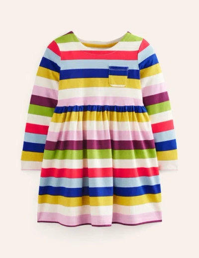 Mini Boden Kids' Long-sleeved Fun Jersey Dress Rainbow Multi Stripe Girls Boden