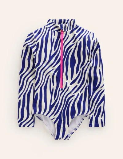 Mini Boden Kids' Long-sleeved Swimsuit Sapphire Blue Zebra Girls Boden