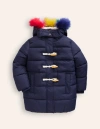 Mini Boden Longline Padded Coat College Navy Rainbow Fur Girls Boden In College Navy Rainbow Fur