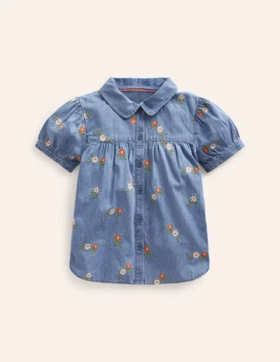 Mini Boden Kids' Peter Pan Collar Shirt Mid Vintage Embroidered Girls Boden In Blue