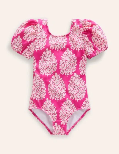 Mini Boden Kids' Printed Puff-sleeved Swimsuit Pink Small Flower Stamp Girls Boden