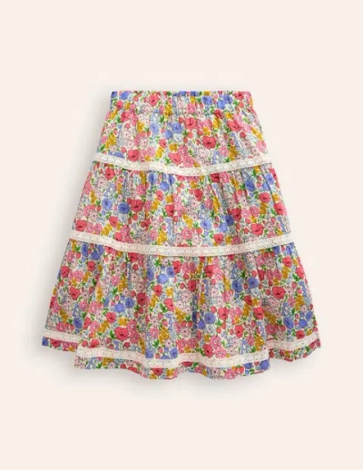 Mini Boden Kids' Printed Tiered Midi Skirt Bubblegum Peony Floral Girls Boden In Multi