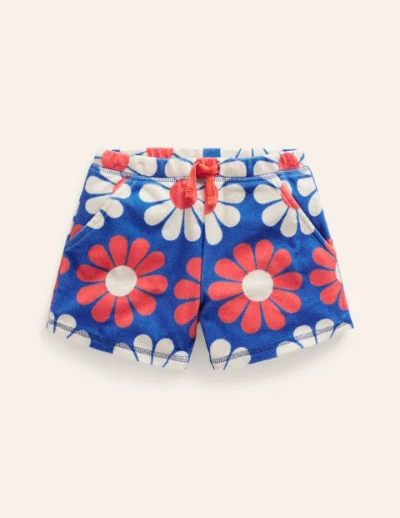 Mini Boden Kids' Printed Towelling Shorts Cabana Blue Geo Daisy Girls Boden