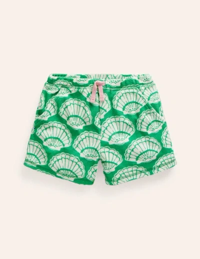 Mini Boden Kids' Printed Towelling Shorts Pea Green Seashells Girls Boden
