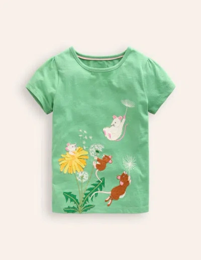 Mini Boden Kids' Puff Sleeve Appliqué T-shirt Aloe Green Mice Girls Boden