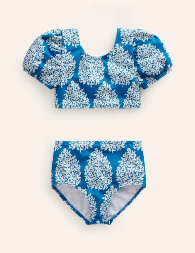 Mini Boden Kids' Puff Sleeve Bikini Cabana Blue Small Flower Stamp Girls Boden