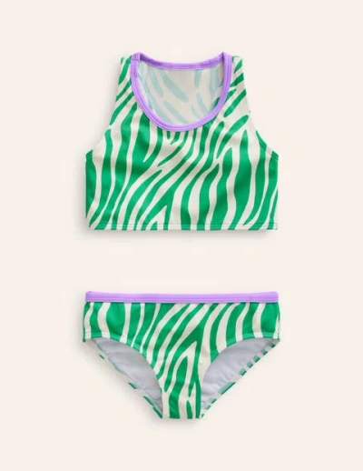 Mini Boden Kids' Racerback Bikini Set Pea Green Zebra Girls Boden